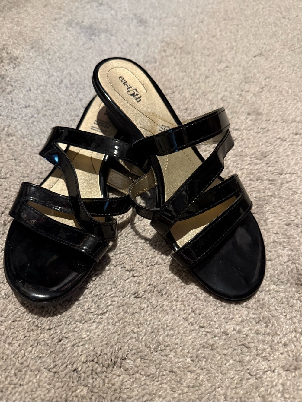 East 5th Black Patent Triple-Strap Slide Mules